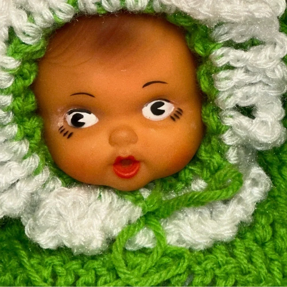 Vintage Crochet Doll Bottle Green White Thumb Sucking Blanket Handmade